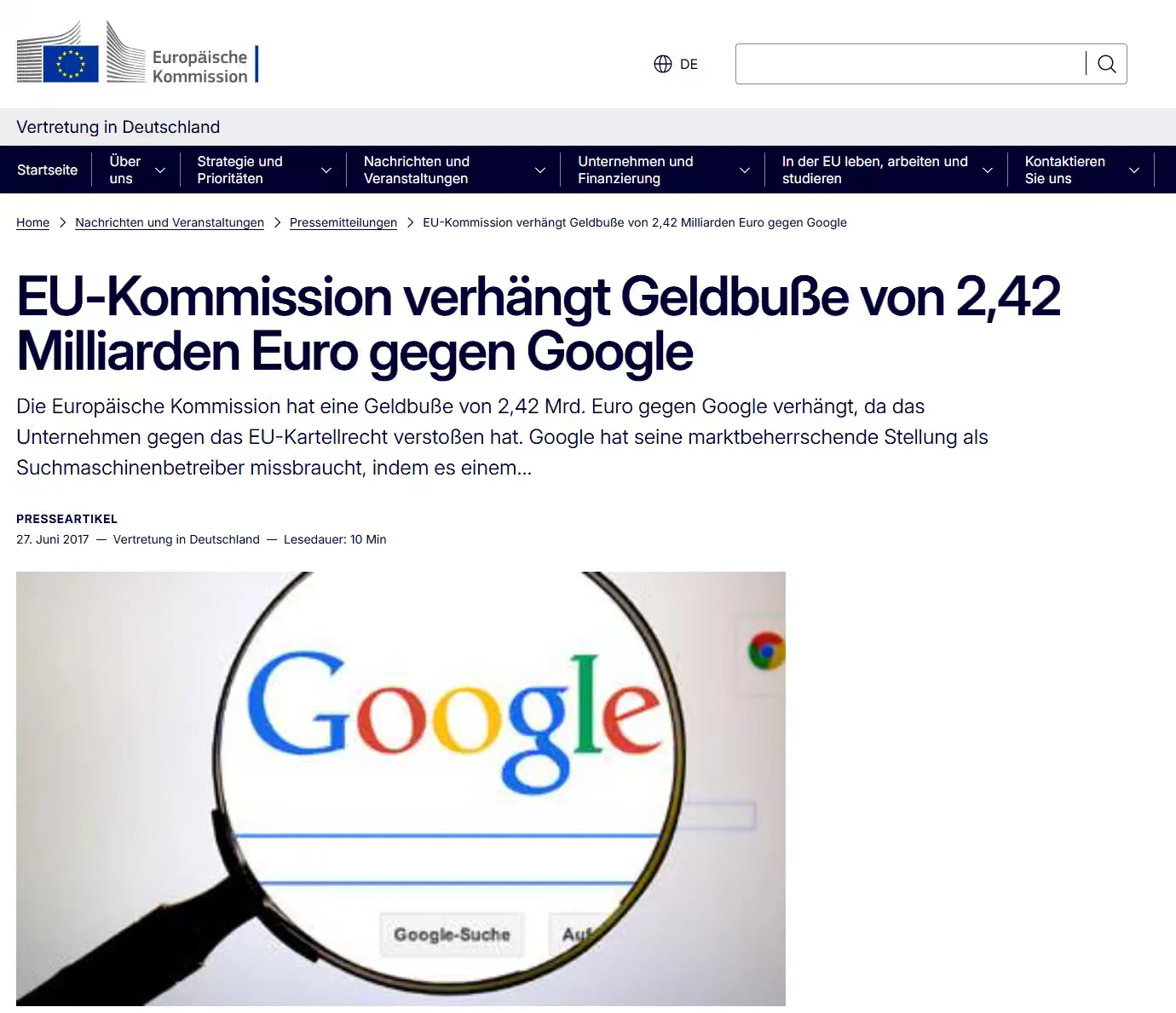 Pressemitteilung der EU-Kommission vom 27. Juni 2017: EU-Kommission verhängt Geldbuße von 2,42 Milliarden Euro gegen Google