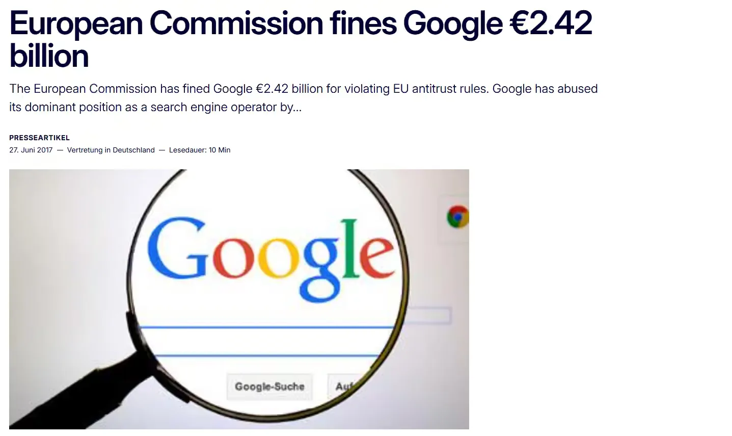 European Commission press release of 27 June 2017: European Commission fines Google €2.42 billion