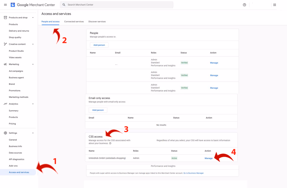 Merchant Center in Access and services: freccia 1 su Access and services nelle impostazioni, freccia 2 sulla scheda People and access, freccia 3 sulla sezione CSS access, freccia 4 su Manage accanto al CSS