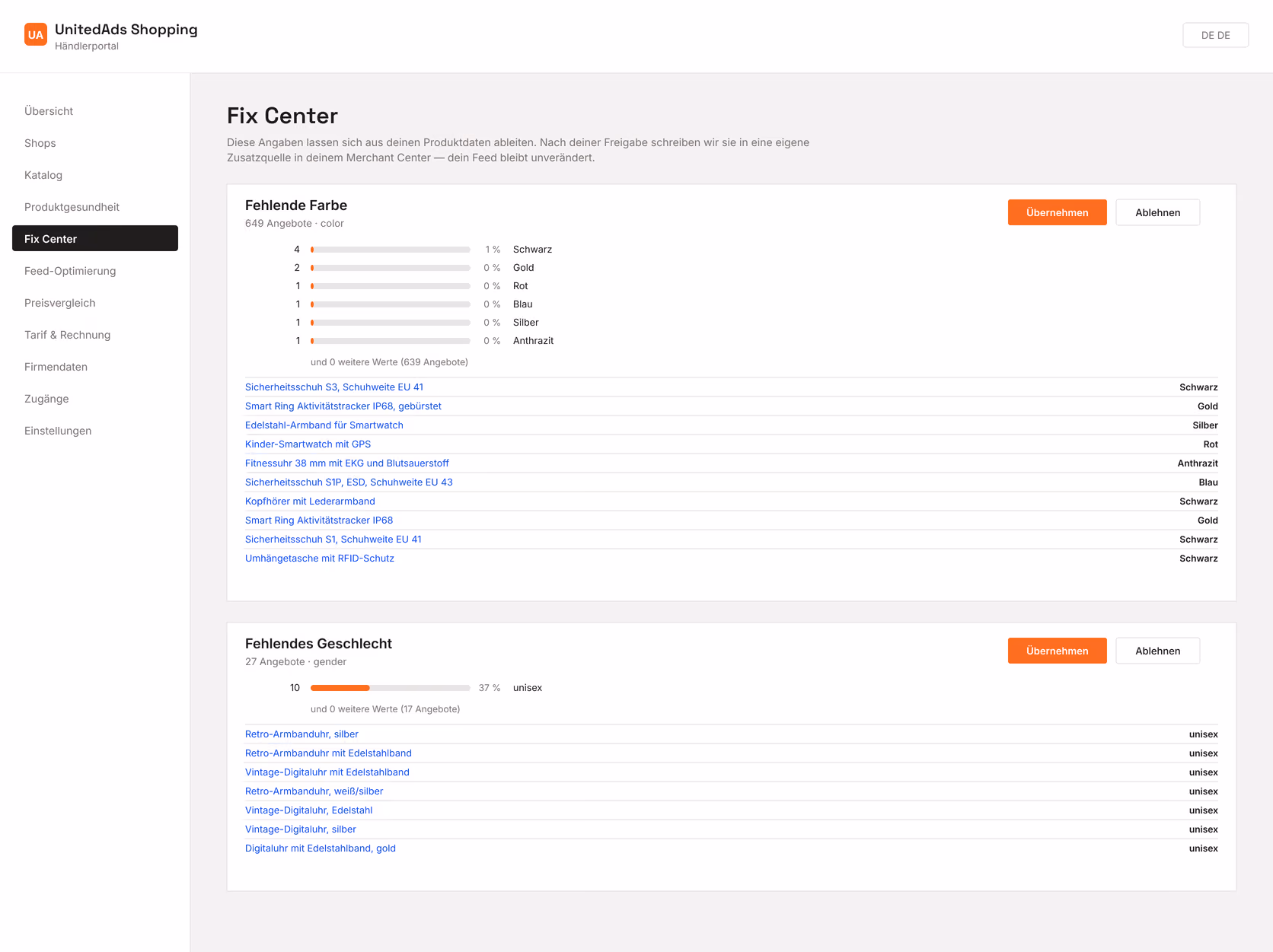 Das Fix Center im Händlerportal: abgeleitete Werte für fehlende Farbe und fehlendes Geschlecht, mit Verteilung und Beispielprodukten