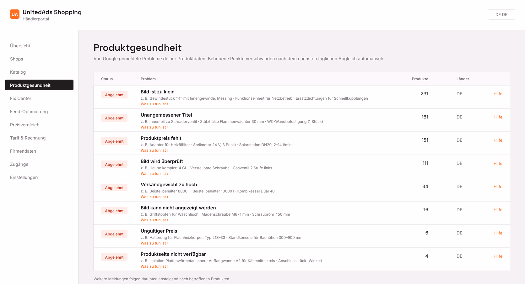 Die Produktgesundheit im Händlerportal: abgelehnte Produkte, nach Meldung gebündelt und nach betroffenen Produkten sortiert
